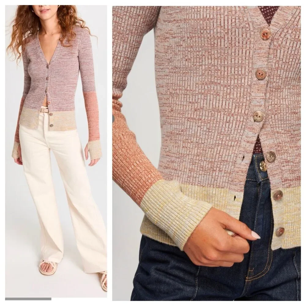Ulla Johnson Posey Ribbed Knit Cardigan Sweater Pink Contrast Trim XS P